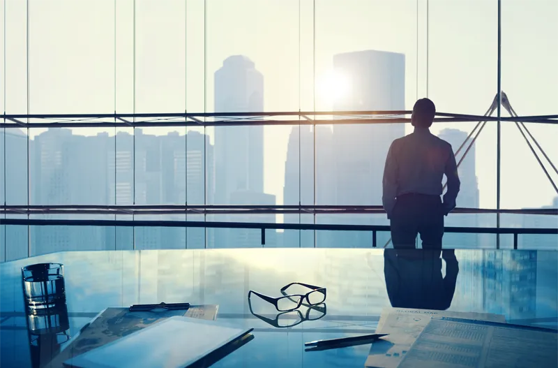 Businessman looking out at city skyline from an office.